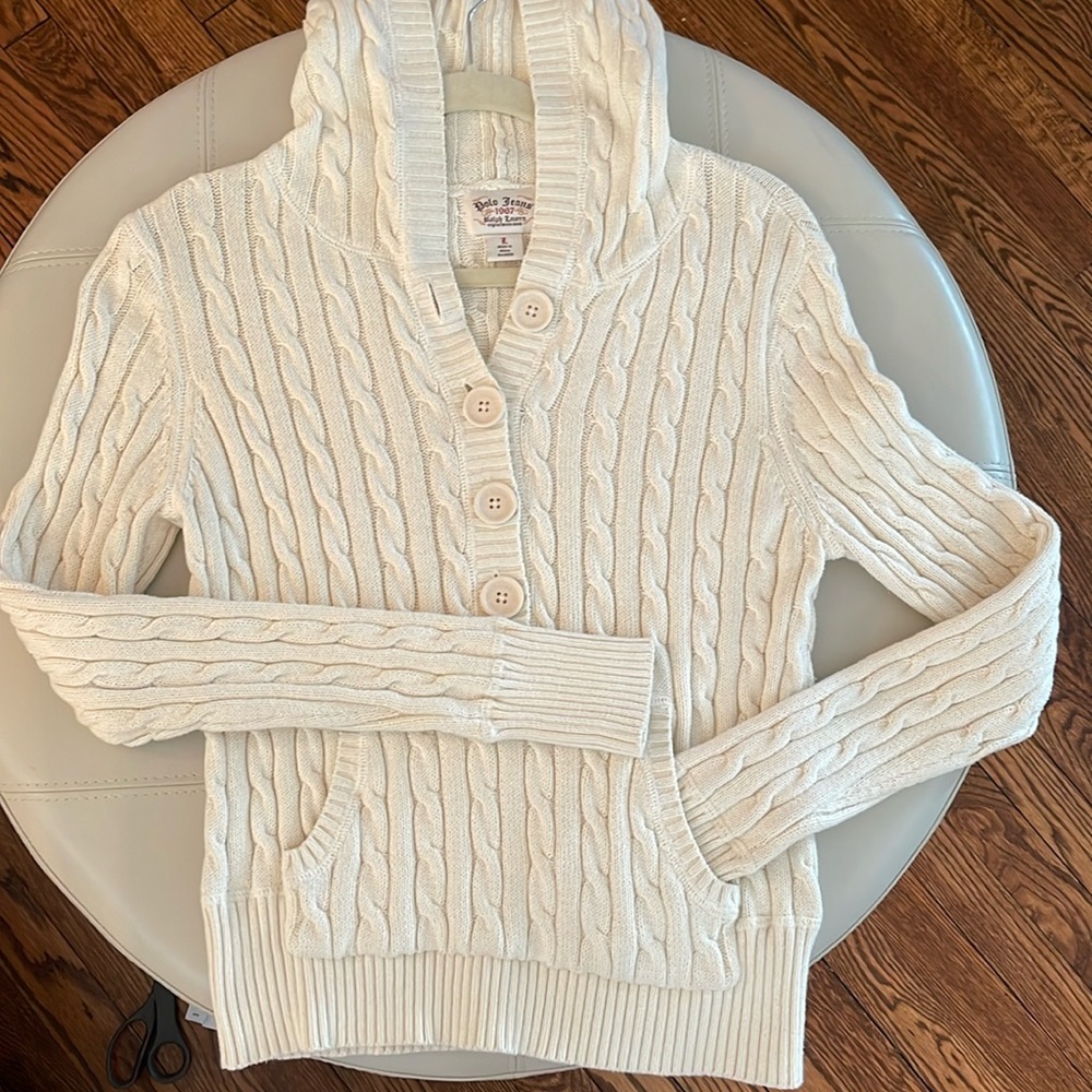 Ralph Lauren Polo Jeans Cable Knit Hooded Sweater, (Large, fits like a medium)